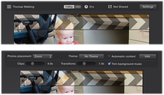 Top: iMovie displays the basic properties of your project in the playback window.Bottom: Click Settings and you’ll see the behavior for various elements of your movie: the standard clip length (Chapter 5), factory setting for transition length (Chapter 7), whether you trimmed the background music (Chapter 11), the photo treatment you applied (Chapter 12), the theme (Chapter 7), and whether you included Automatic content (Chapter 7).