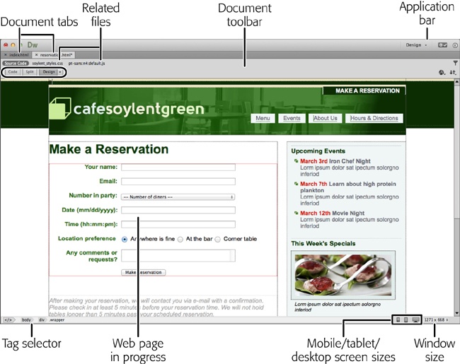 A document window like this represents a web page in progress; here’s where you add text, graphics, and other objects as you build the page. Useful widgets and information surround the window. For example, you can instruct Dreamweaver to display the current document at different widths and heights so you can simulate what the page will look like in different-size browsers, like those on mobile phones, tablets, and desktop computers.