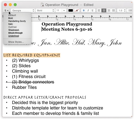 The text ruler gives you control over tab stops, paragraph justification, and so on. Pressing⌘-R makes it appear and disappear. On the toolbar, the Style pop-up menu lists canned sets of character and paragraph formatting, so you can apply them consistently throughout a document.