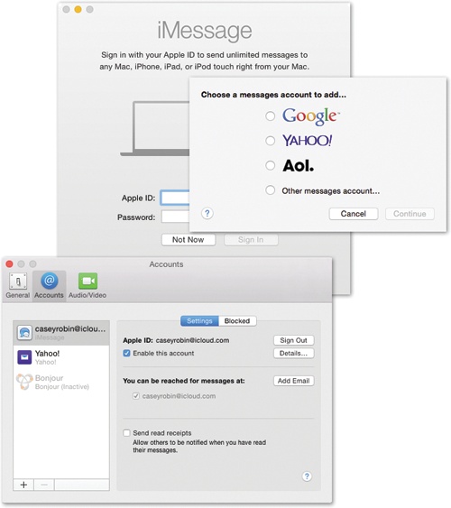 Top: The first time you open Messages, you’re supposed to enter your Apple ID (your iCloud, .mac, or .me address) and password. That way, you can join in the thrill of iMessaging.If you click Not Now (and then click Skip in the “Are you sure?” box), then you’re offered the chance to sign in to a different chat service (middle).Bottom: Of course, you can always add one of these accounts later. In System Preferences, click Internet Accounts—or, in Messages, choose Messages→Preferences, click the Accounts button, and click the button.