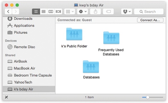 Macs appear in the Sidebar with whatever names they’ve been given in System Preferences→Sharing. Their tiny icons usually resemble the computers themselves. Other computers (like Windows ones) look like generic PCs.