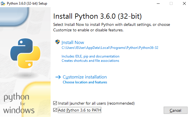 Screenshot of python installer