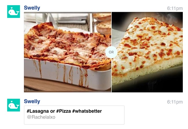 The Facebook Messenger Swelly bot asks, do you like pizza or lasagna?