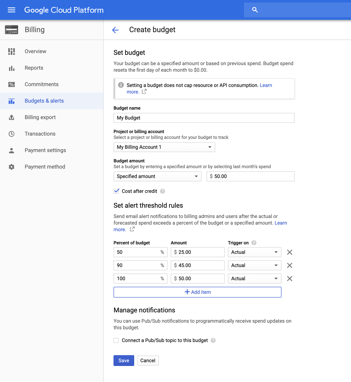 Budget and alert threshold administration