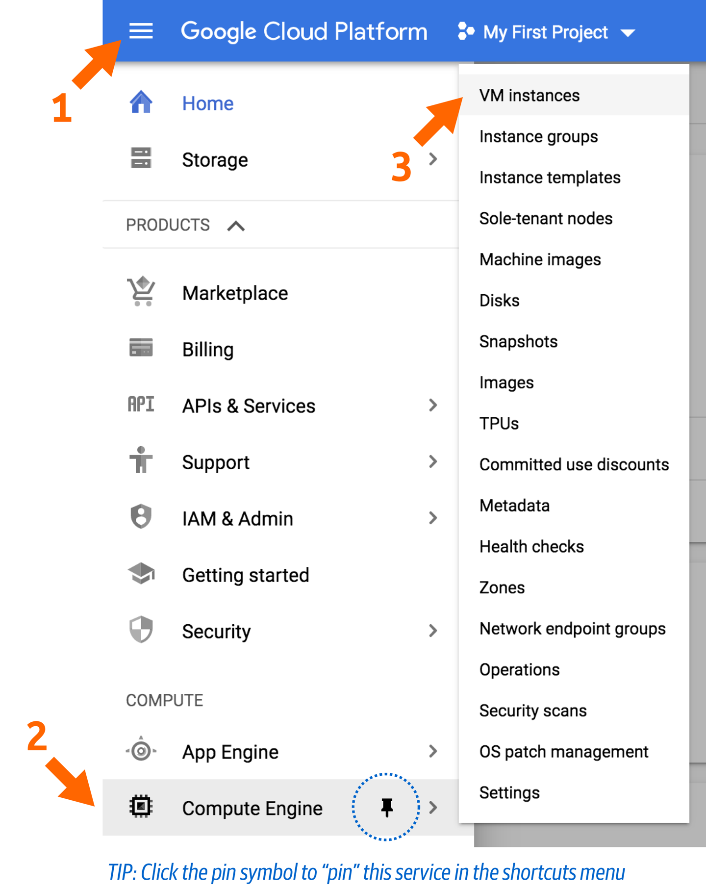 Compute Engine menu showing the VM instances menu item.