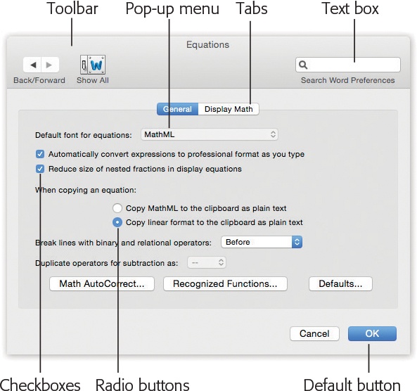 Knowing what you’re doing on the Mac often requires knowing what things are called. Here are some of the most common onscreen elements. They include checkboxes (turn on as many as you like) and radio buttons (only one can be turned on in each grouping).