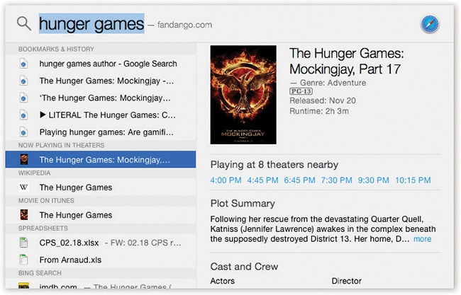 You can use Spotlight to call up details about any movie, past or present (if your Mac is online). If it’s a current movie in theaters, you get the option to look up today’s showtimes.
