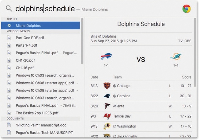 You can search for team scores or schedules (sf giants schedule), team lineups (knicks roster), league standings (marlins standings), or player stats (lebron james). You can double-click within the preview pane to open a web page with further details.