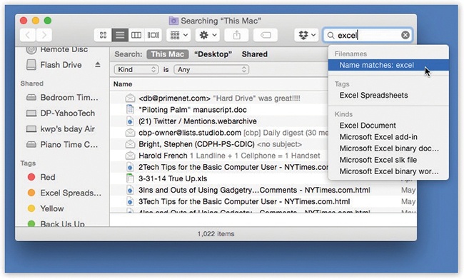 When you type your search term, macOS presents a pop-up menu of suggestions. For example, when you type excel, it’s asking: “Would you like me to limit the search to Excel spreadsheets?” If you ignore the suggestions, the window shows you all matches—including files with the word “excel” inside them.