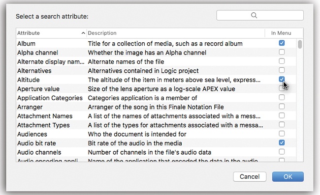 Here’s the master list of search criteria. Turn on the In Menu checkboxes of the ones you’ll want to reuse often. Once you’ve added some of these to the menu, you’ll get an appropriate set of “find what?” controls (“Greater than” and “Less than” pop-up menus, for example).