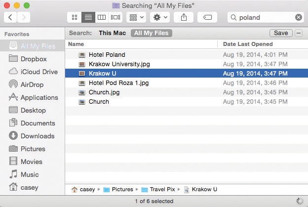 Click a result once to see where it sits on your hard drive (shown at bottom). If the window is too narrow to reveal the full folder path, then run your cursor over the folders without clicking. As your mouse moves, the Mac reveals each folder’s name, compressing other folders as necessary to make room. (You can drag icons into these folders, too.)