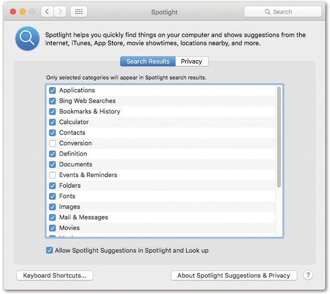 Here’s where you can specify what categories of icons you want Spotlight to search, and what keystroke you want to use for highlighting the Spotlight search box.
