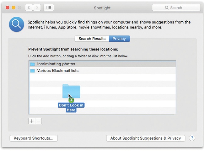 You can add disks, partitions, or folders to the list of non-searchable items by dragging them into this window. Or, if the private items aren’t visible at the moment, click +, navigate to your hard drive, select the item, and then click Choose. To remove something from this list, click it and then press the Delete key or click the – button.