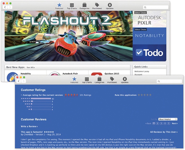 Top: Mastering the App Store won’t take you long; just about everything you need is in the toolbar at the top, including a search box and buttons like Featured, Top Charts, and Categories, which are meant to help you dive into the catalog of Mac software. The remaining tab, Purchased, shows everything you’ve ever bought using your Apple account, for easy re-downloading.