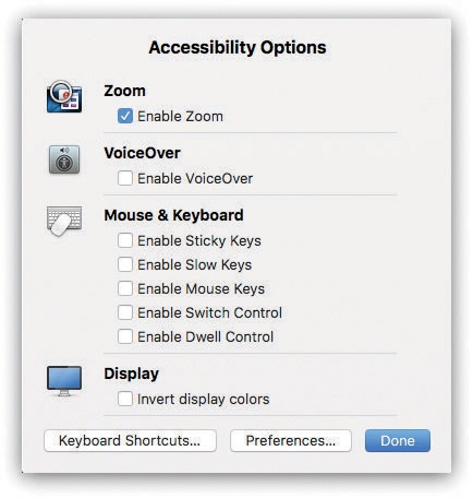 With a quick tap of Option--F5, you can summon this panel of on/off switches for Accessibility features.