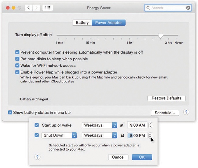 Top: Here’s what Energy Saver looks like on a laptop. In the “Turn display off after” option, you can specify an independent sleep time for the screen.