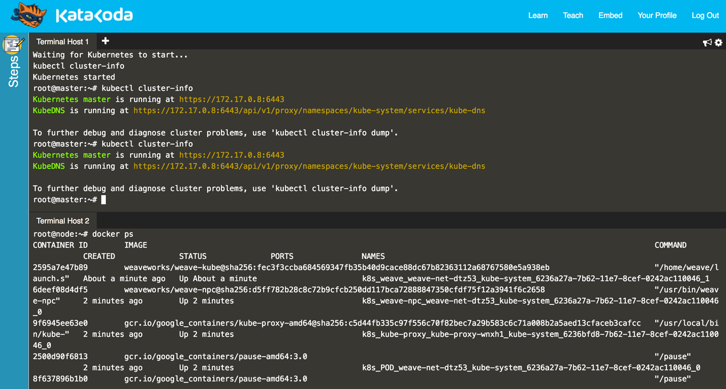 Screen shot of the Katacoda Kubernetes playground