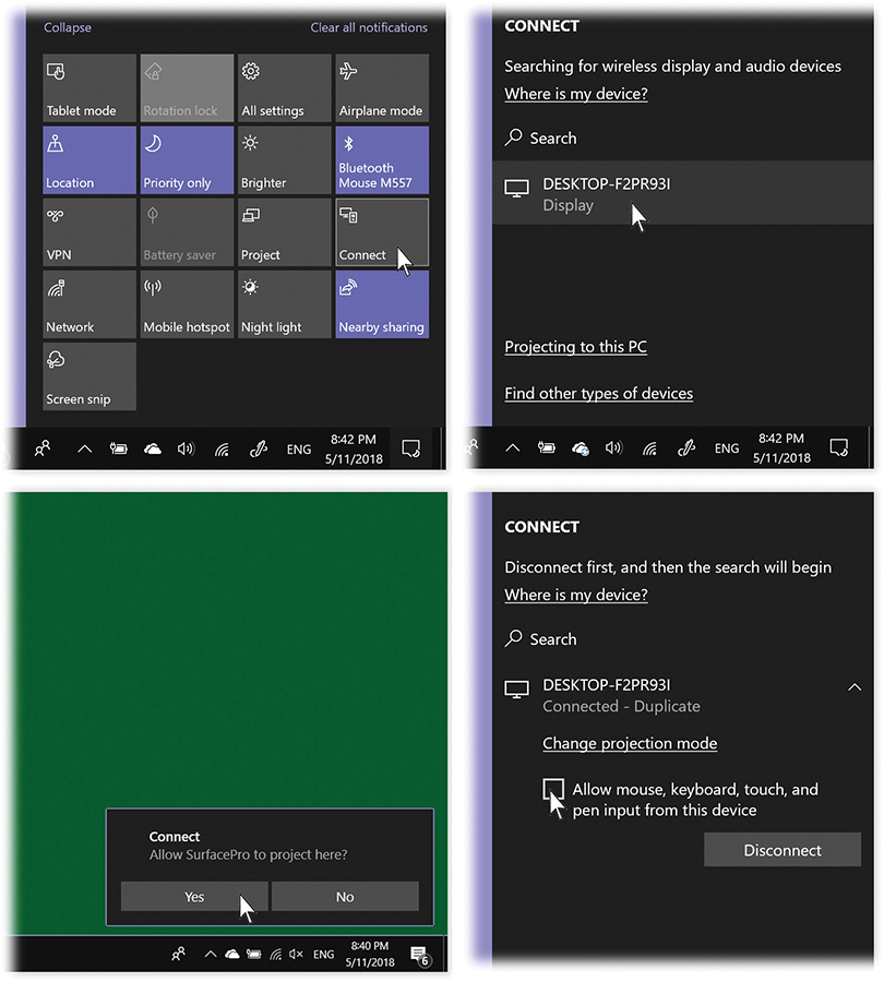 Top left: On the laptop, open the Action Center and hit Connect.