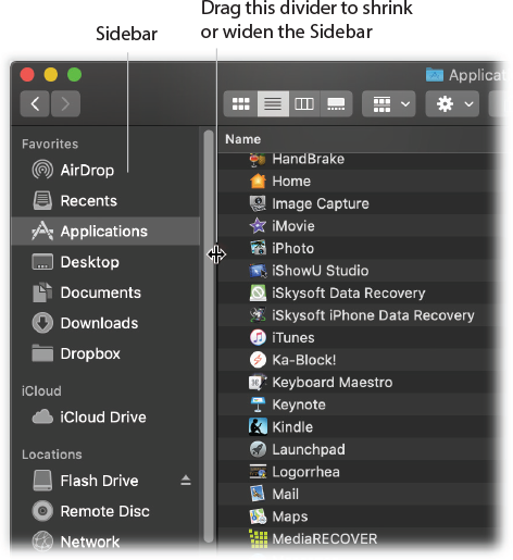 Good things to put in the Sidebar: favorite programs, disks on a network you often connect to, a document you’re working on every day, and so on. You can drag a document onto a folder icon to file it there, drag a document onto a program’s icon to open it with the “wrong” program, and so on.