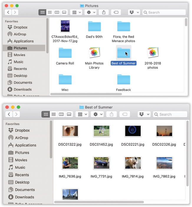 To help you avoid window clutter, Apple has designed macOS windows so that double-clicking a folder in a window (top) doesn’t actually open another window (bottom). Every time you double-click a folder in an open window (except in column view), its contents replace whatever was previously in the window. If you double-click three folders in succession, you still wind up with just one open window.