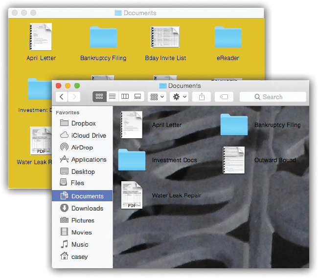 The View Options for an icon-view window let you create colored backgrounds (top) or even use photos as window wallpaper (bottom). Using a photo may have a soothing, comic, or annoying effect—like making the icon names completely unreadable. (Note, by the way, how the icons’ names have been set to appear beside the icons, rather than underneath, in the lower illustration. That provides all the handy, freely draggable convenience of an icon view, along with the more compact vertical spacing of a list view.)