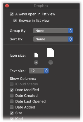 The checkboxes you turn on in the View Options dialog box determine which columns of information appear in a list-view window. Many people live full and satisfying lives with only the three default columns—Date Modified, Kind, and Size—turned on. But the other columns can be helpful in special circumstances; the trick is knowing what information appears there.