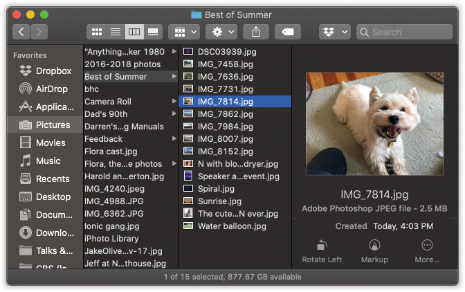 If the rightmost folder contains pictures, sounds, Office documents, or movies, then you can look at them or play them right there in the Finder. You can drag this jumbo preview icon anywhere—into another folder or to the Trash, for example.