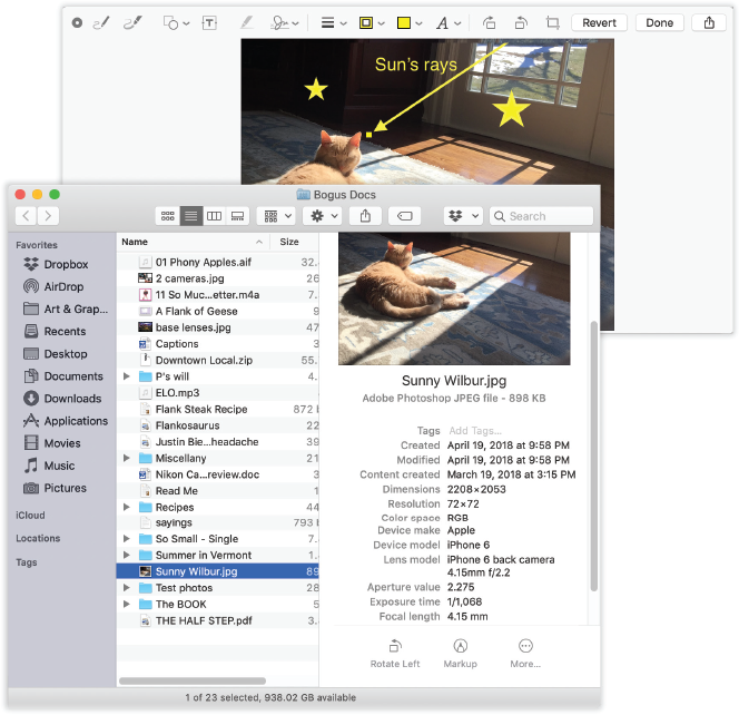 Bottom: You can make this preview pane appear in any Finder window, no matter what view it’s in. It shows both the contents of the selected file and some handy details about it. At the bottom, you get one-click processing buttons like Rotate and Markup.