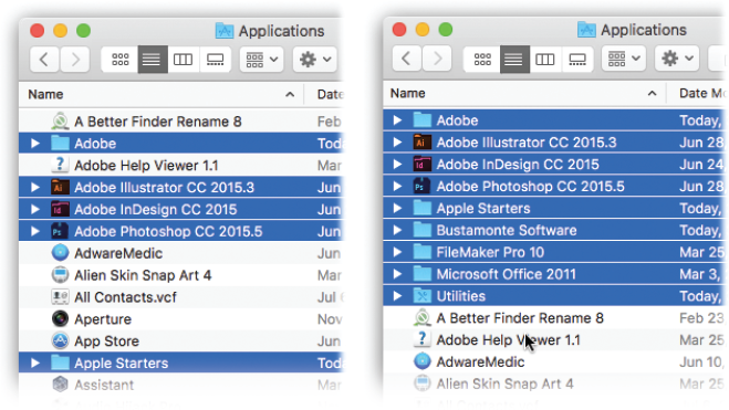 Left: Ordinarily, folders (highlighted here for clarity) appear sorted alphabetically into lists of loose files.