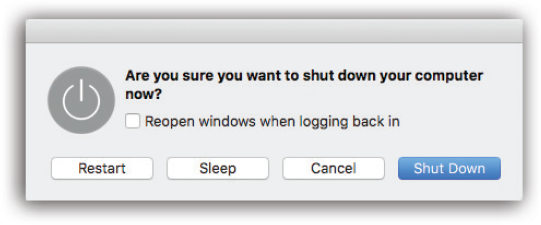 Once the Shut Down dialog box appears, you can press the S key instead of clicking Sleep, R for Restart, Esc for Cancel, or Return for Shut Down.