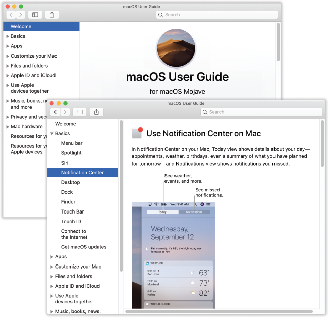 Mac Help likes to help with big-ticket tasks like joining a network, setting up email, or browsing the web. Once you perform a search for some topic, or use the left-side topic list to drill down (bottom), you get a details page that offers a list of finely grained step-by-steps.