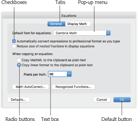 Knowing what you’re doing on the Mac often requires knowing what things are called. Here are some of the most common onscreen elements. They include checkboxes (turn on as many as you like) and radio buttons (only one can be turned on in each grouping).