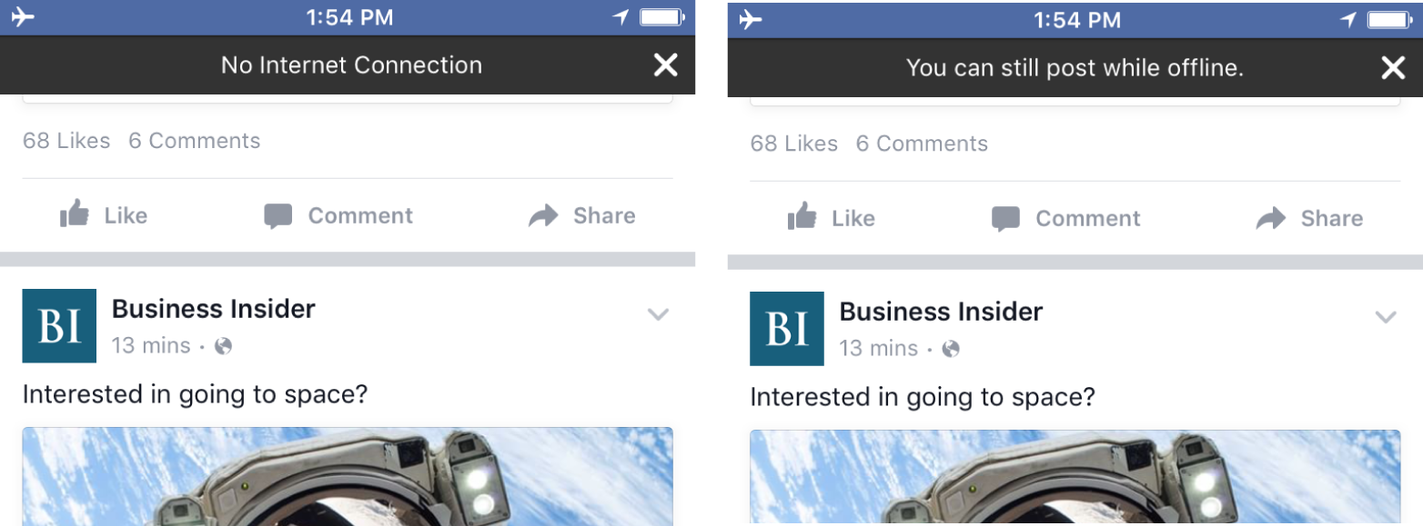 Facebook app clearly messages offline capabilities