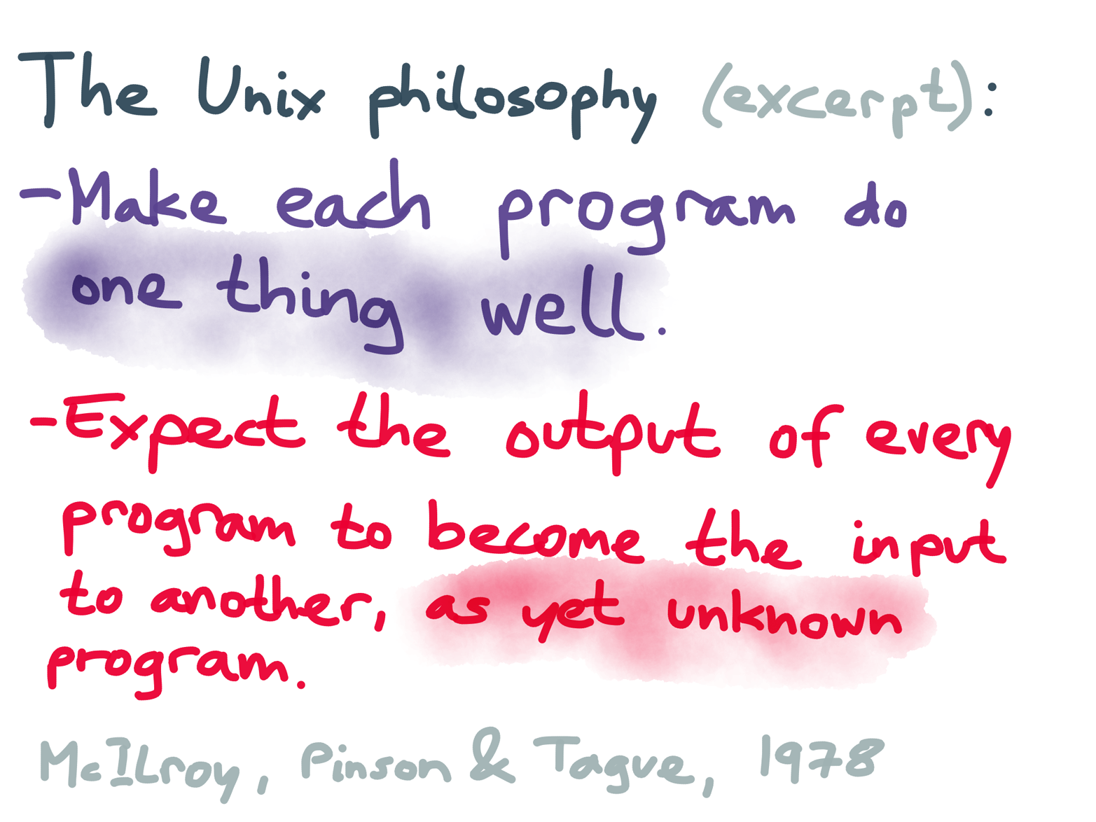 Two aspects of the Unix philosophy, as articulated by some of its designers in 1978.