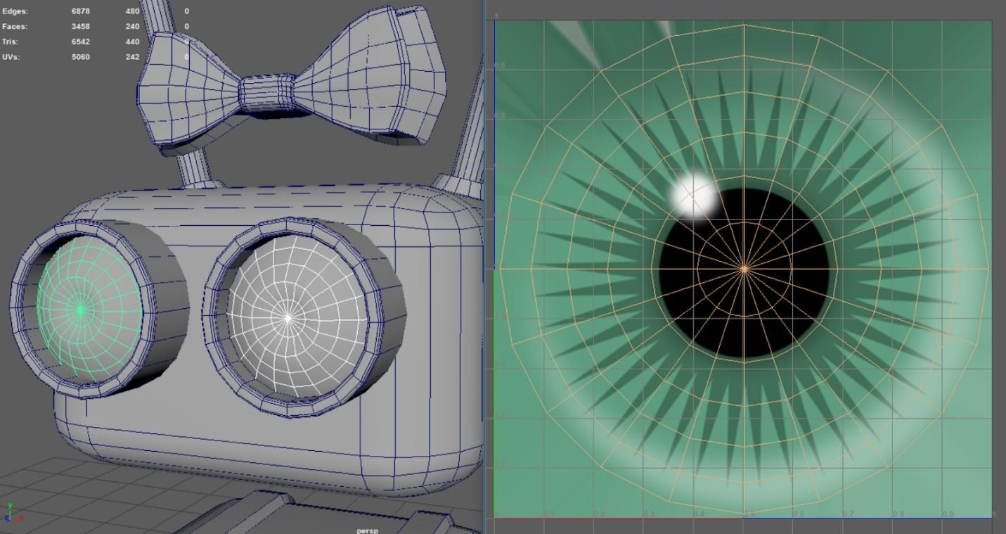 The robot model s eye shares the same UVs  duplicated before combining into a single mesh.