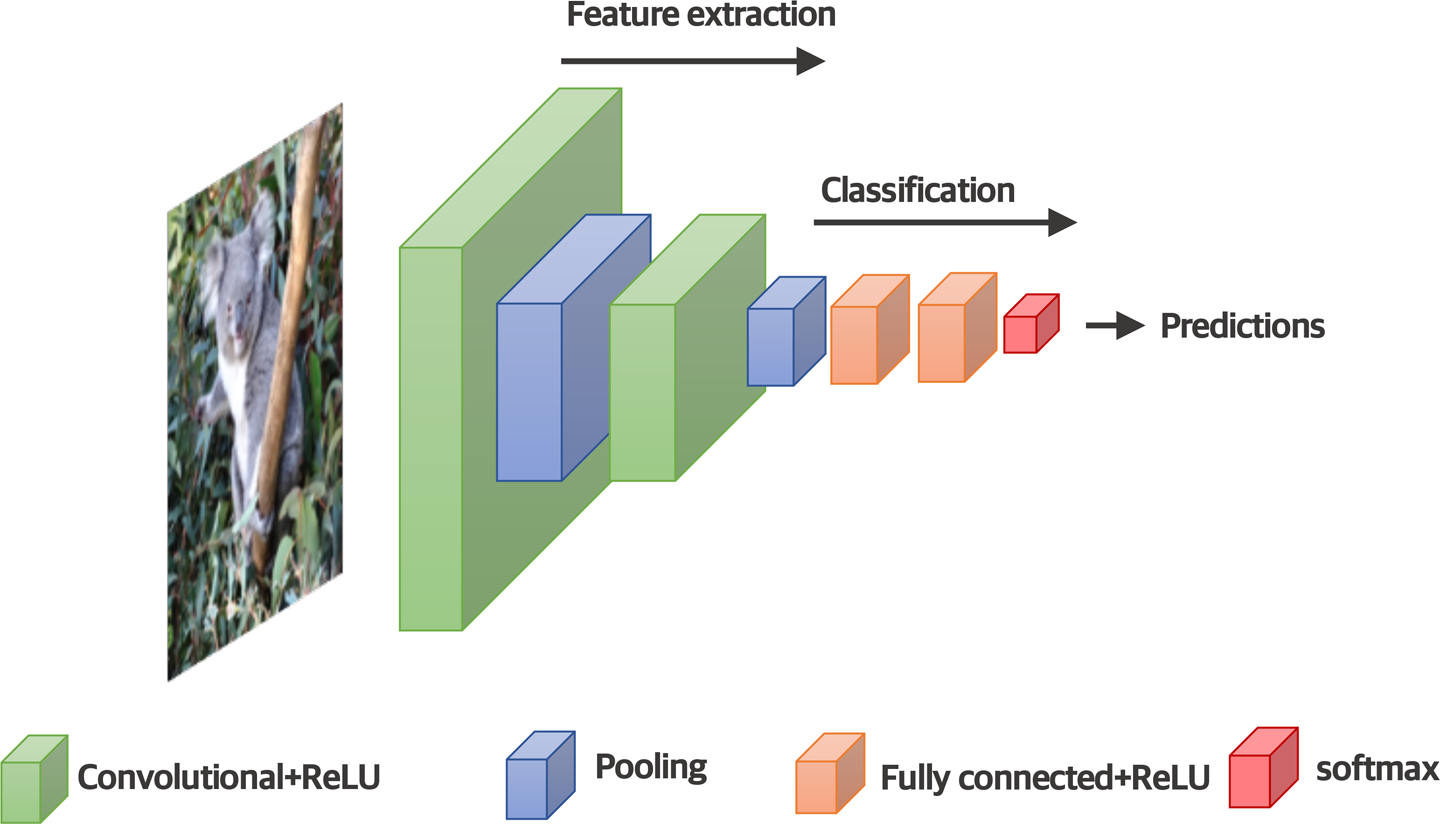 Picture depicting an example CNN for image classification showing the convolution, ReLU, pooling, fully-connected and softmax layers in a CNN