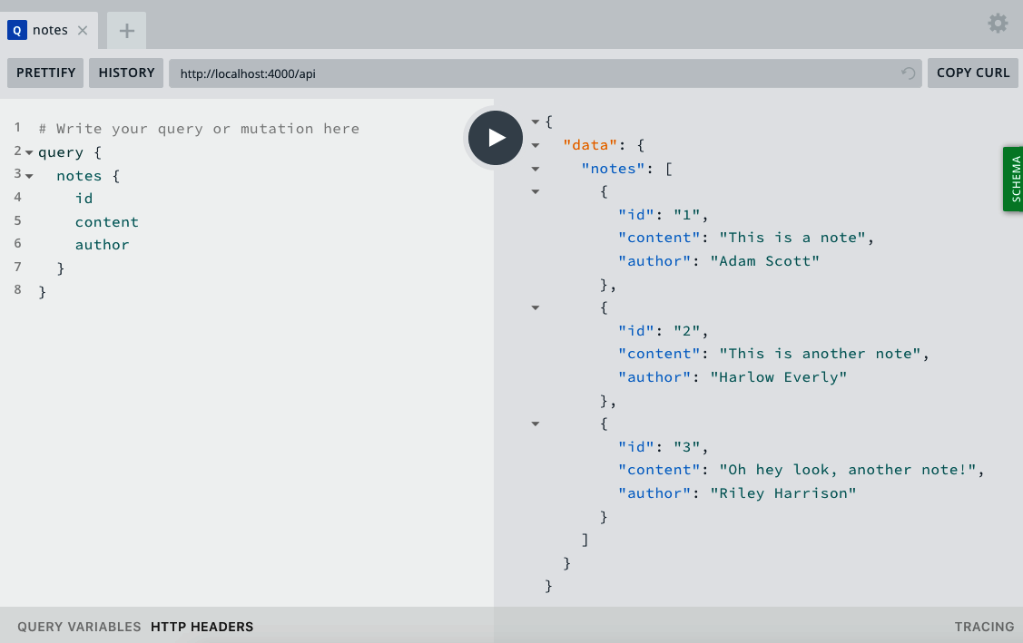 The notes query in the GraphQL Playground
