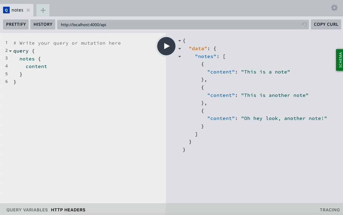 A note query with only content data requested in the GraphQL Playground