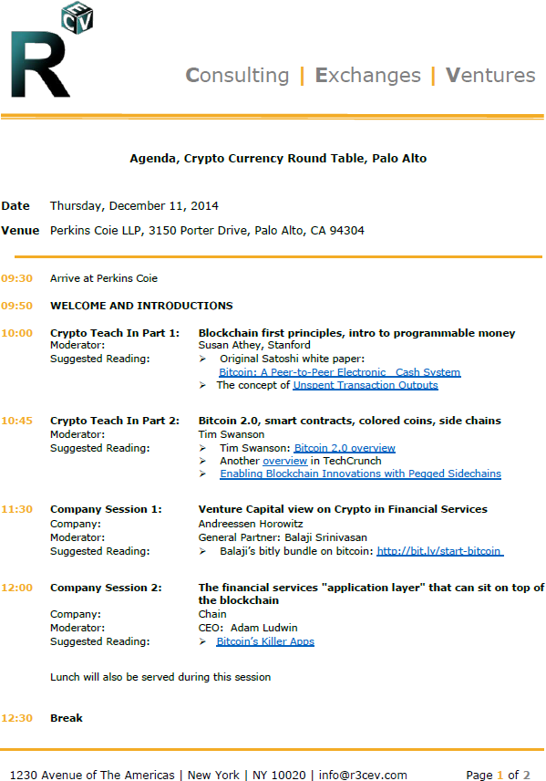 The agenda for a meeting R3 held with bankers in late 2014 showing R3’s approach to educating and learning about the market