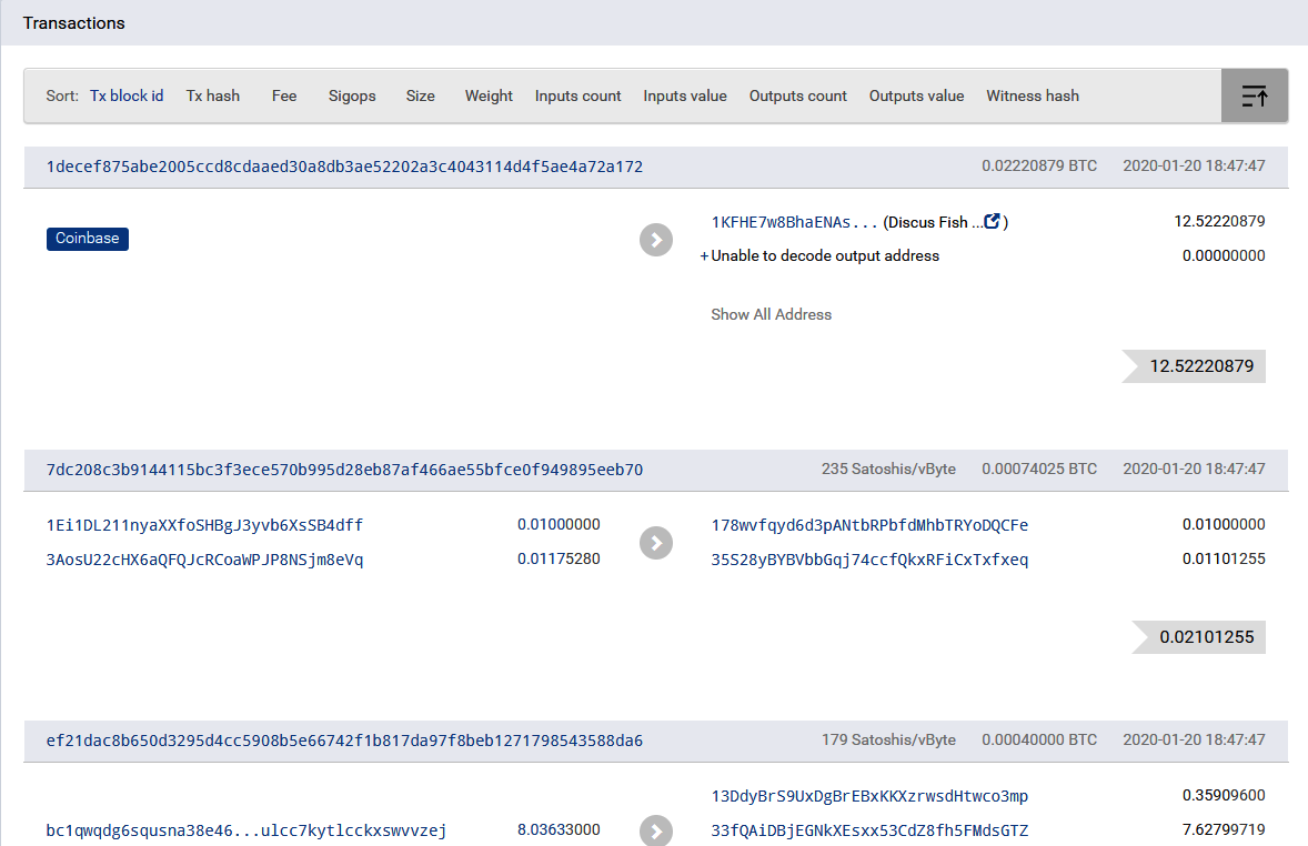 Exploring the transactions21 in block height 613,769. The first transaction is known and marked as coinbase, where the miner assigns 12.5 Bitcoins plus transaction fees to itself.