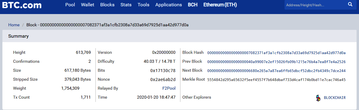 A real Bitcoin block, height number 613,769. Its block hash is 00000000000000000007082371af3a1cfb2308a7d33a69d7925d1aa42d977d0a.22 The block holds 1,711 transactions.