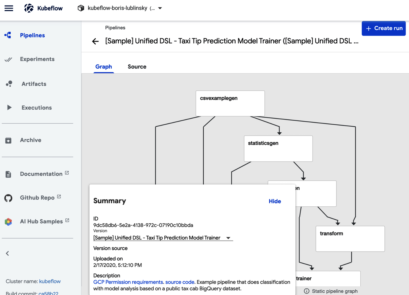 Kubeflow Pipelines UI - Pipeline View