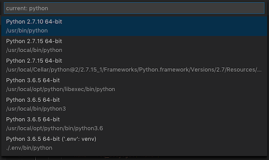 Selecting a Python version (choose the one that's in your .env folder)