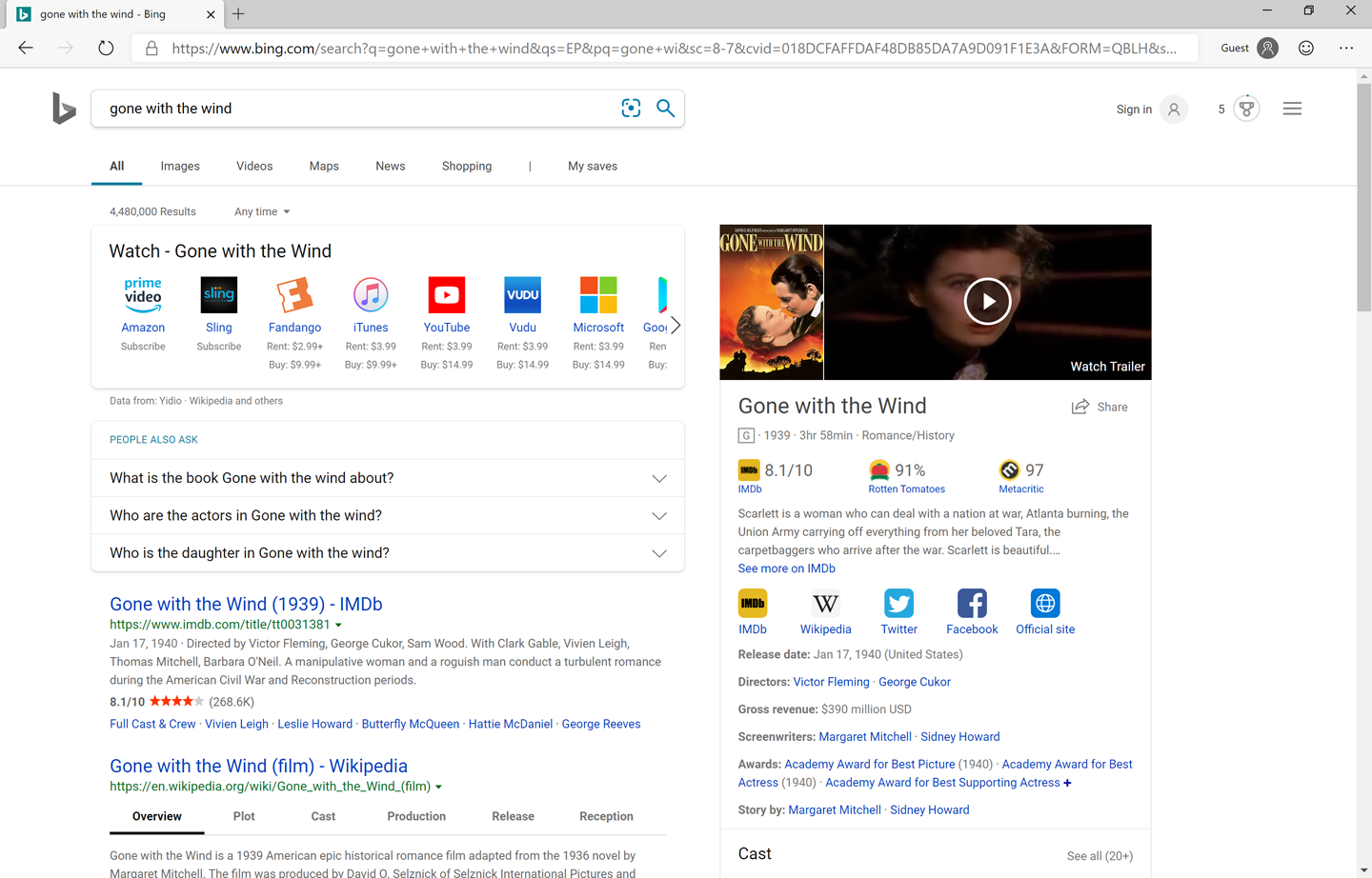 Searching for a movie on Bing