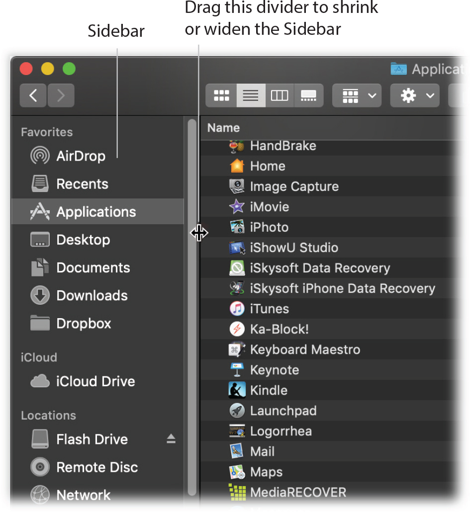 Good things to put in the Sidebar: favorite programs, disks on a network you often connect to, a document you’re working on every day, and so on. You can drag a document onto a folder icon to file it there, drag a document onto a program’s icon to open it with the “wrong” program, and so on.