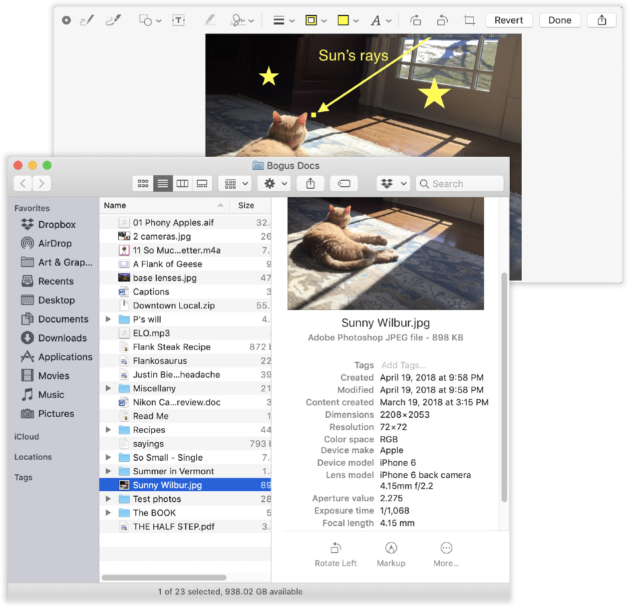Bottom: You can make this preview pane appear in any Finder window, no matter what view it’s in. It shows both the contents of the selected file and some handy details about it. At the bottom, you get one-click processing buttons like Rotate and Markup. Top: The Markup window offers an array of tools for annotating a photo or PDF document. You can add text boxes, lines, shapes, freehand marker or highlighting marks—or your signature.