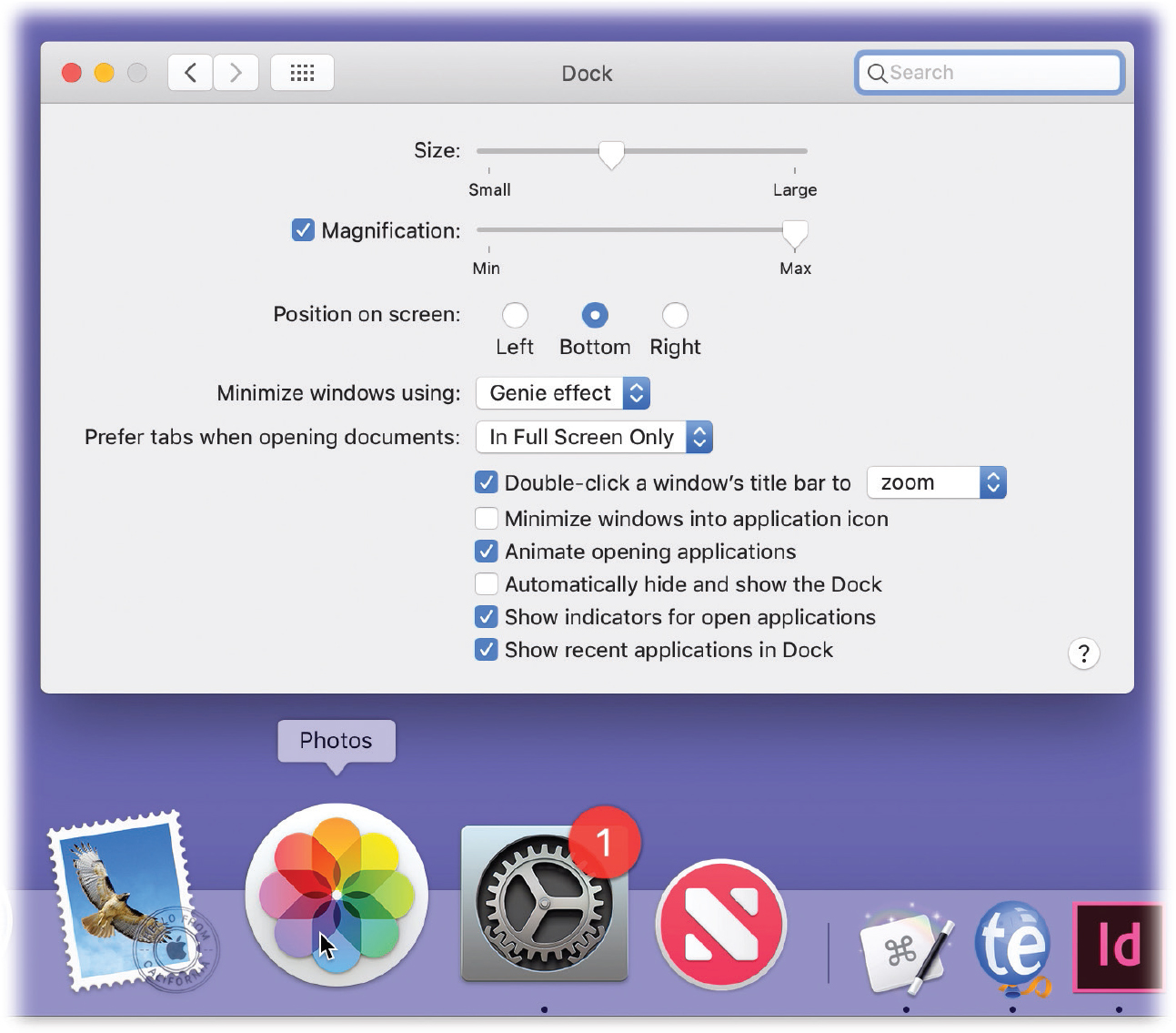 To make your Dock icons bigger or smaller, choose System Preferences→Dock, and experiment with the Size slider.