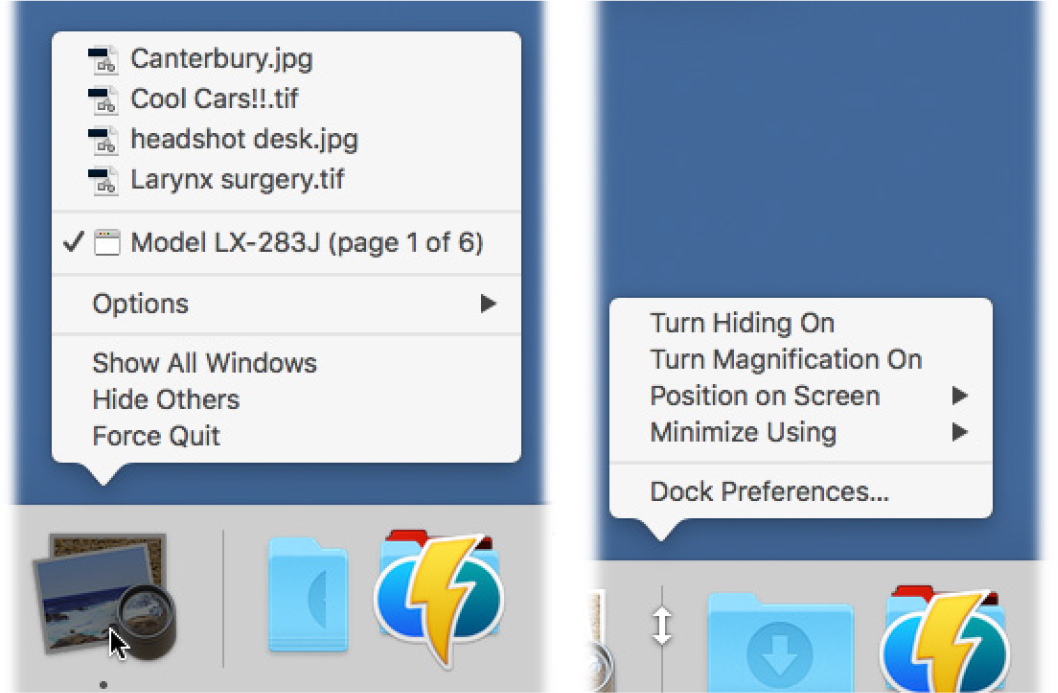 Left: Right-click or two-finger click a Dock icon to open the secret menu. In certain recent Apple programs, the top half of the menu lists recently opened documents, followed by currently open ones. Right: Right-click or two-finger click the divider bar to open a different hidden menu. This one lists a bunch of useful Dock commands.