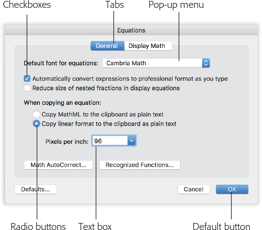 Knowing what you’re doing on the Mac often requires knowing what things are called. Here are some of the most common onscreen elements. They include checkboxes (turn on as many as you like) and radio buttons (only one can be turned on in each grouping). Pressing Return is usually the same as clicking the default button—the lower-right button that almost always means “OK, I’m done here.”