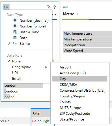 Setting a data role in Prep, in this case assigning the City role